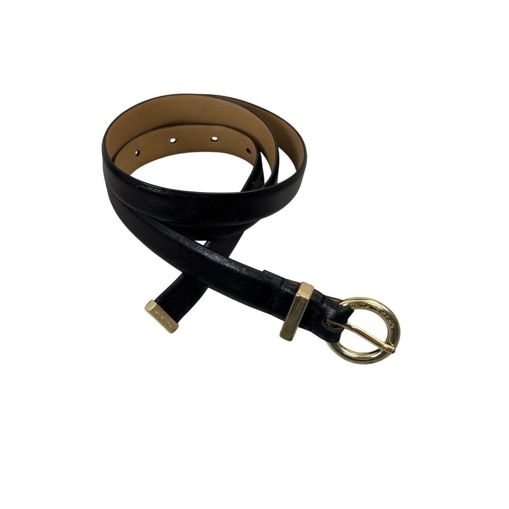Michael Kors Belt Womens Medium Black Skinny Leather Gold Round Buckle 558000